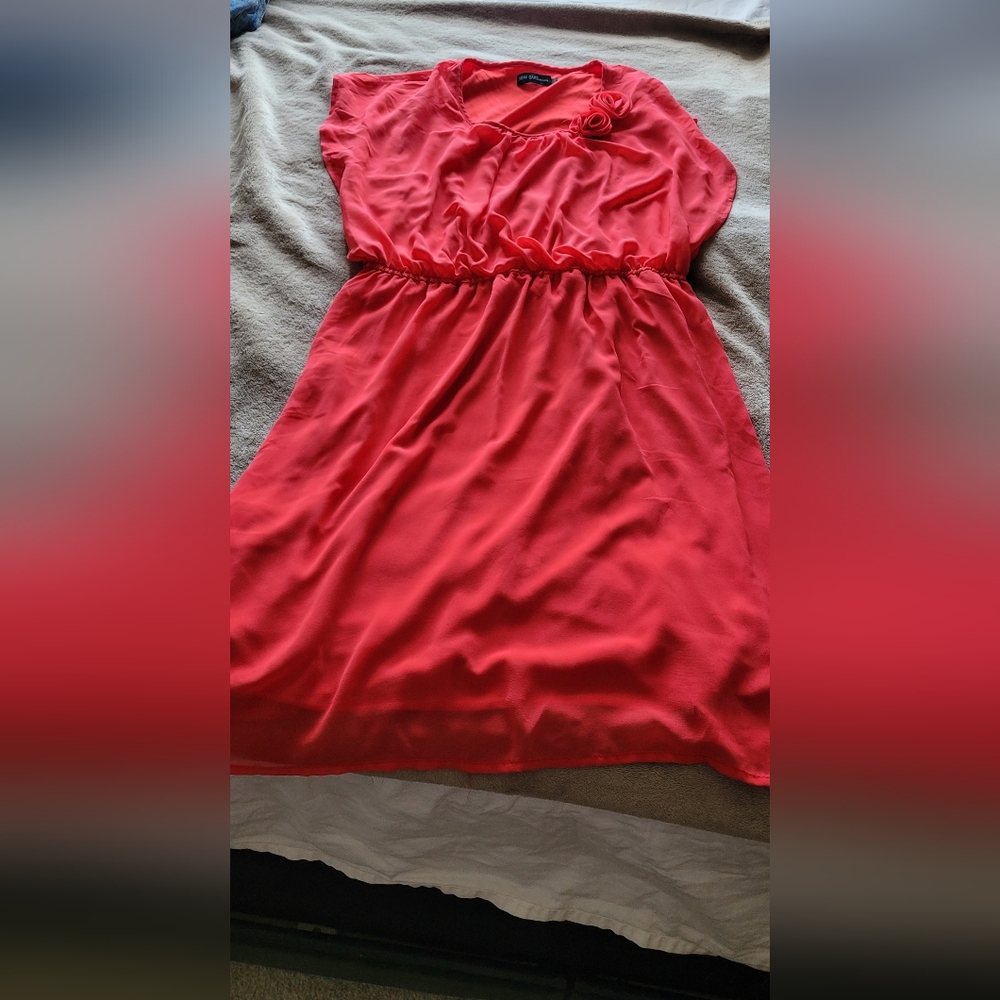 New Saks Sheer chiffon dress with flower detail along the scoop neck line